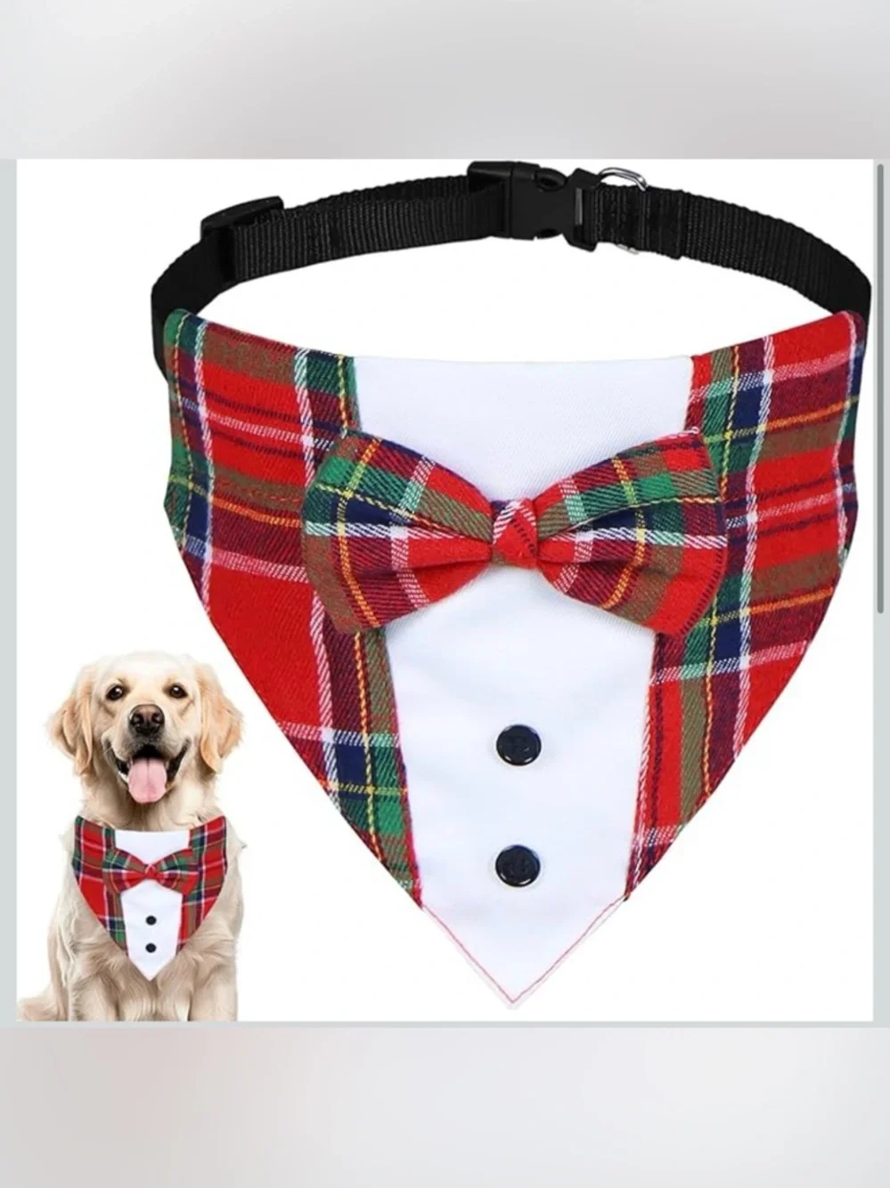 Festive Red Plaid Christmas Dog Tuxedo Bandana Set (2 Pack) – Size Large‎